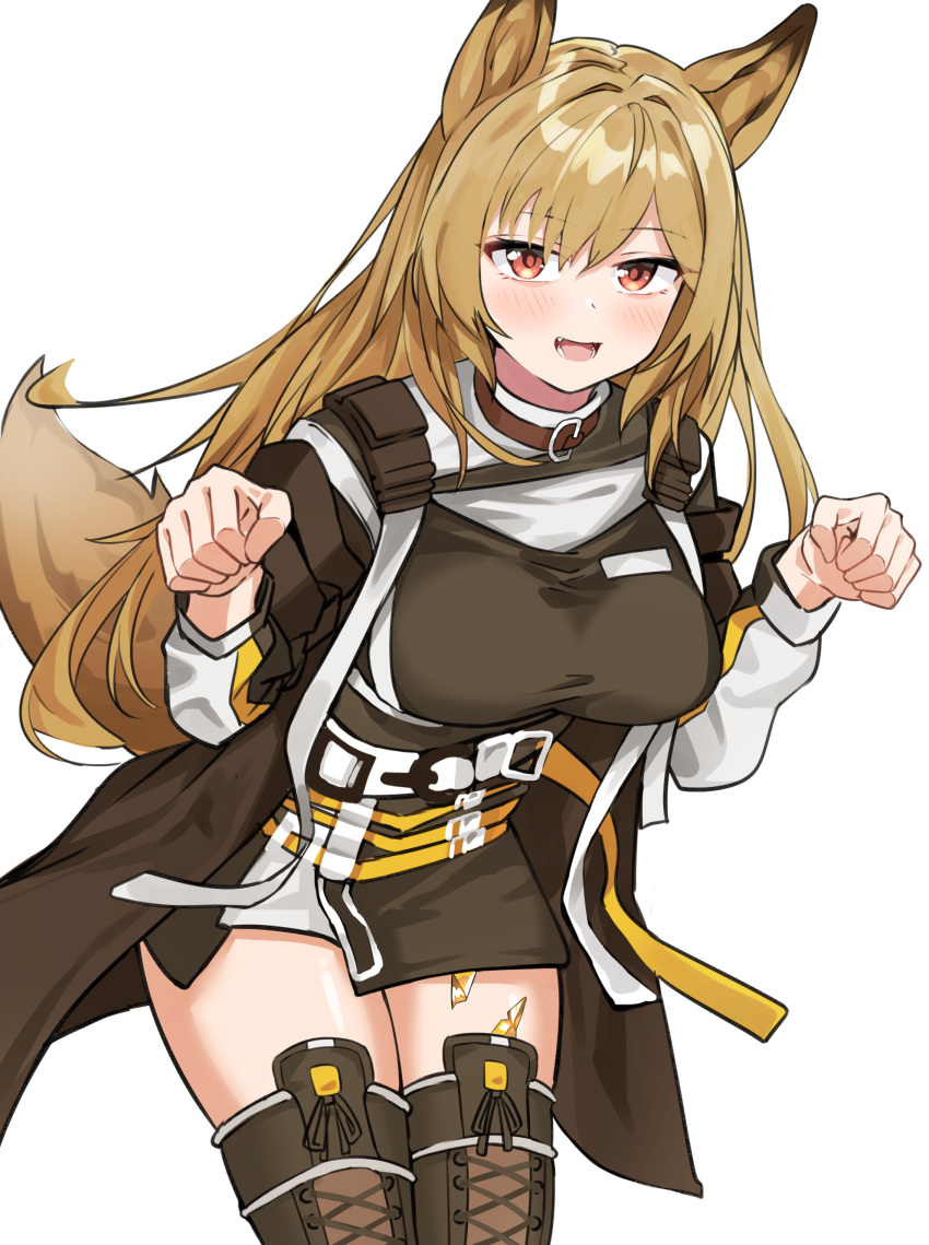 1girl :d absurdres animal_ears arknights bangs black_dress blush breasts brown_hair ceobe_(arknights) commentary cowboy_shot dress eyebrows_visible_through_hair hands_up highres large_breasts long_hair looking_at_viewer open_mouth oripathy_lesion_(arknights) paw_pose poyano red_eyes short_dress simple_background smile solo standing tail thigh-highs thighs white_background