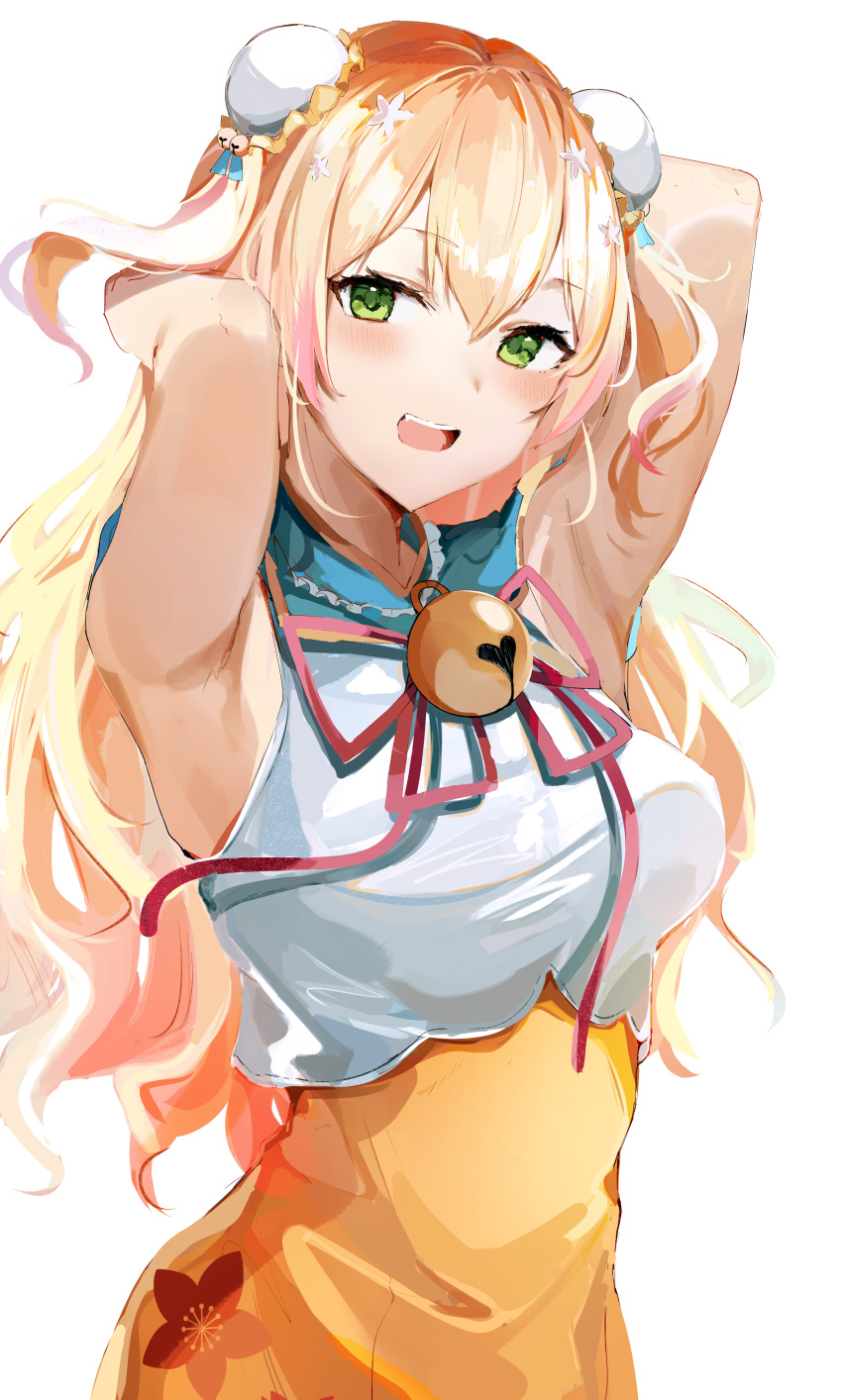 1girl absurdres armpits bangs blonde_hair blush breasts bun_cover detached_sleeves dogxfish double_bun eyebrows_visible_through_hair flower green_eyes hair_between_eyes hair_flower hair_ornament highres hololive long_hair looking_at_viewer momosuzu_nene multicolored_hair open_mouth pink_hair smile solo virtual_youtuber