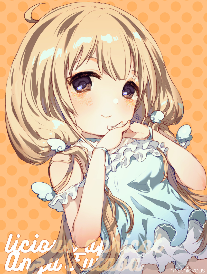 1girl absurdres bangs black_eyes blonde_hair commentary_request dress eyebrows_visible_through_hair futaba_anzu highres idolmaster idolmaster_cinderella_girls long_hair looking_at_viewer orange_background polka_dot polka_dot_background simple_background smile social_kasu_(mob_oji_katu) solo twintails