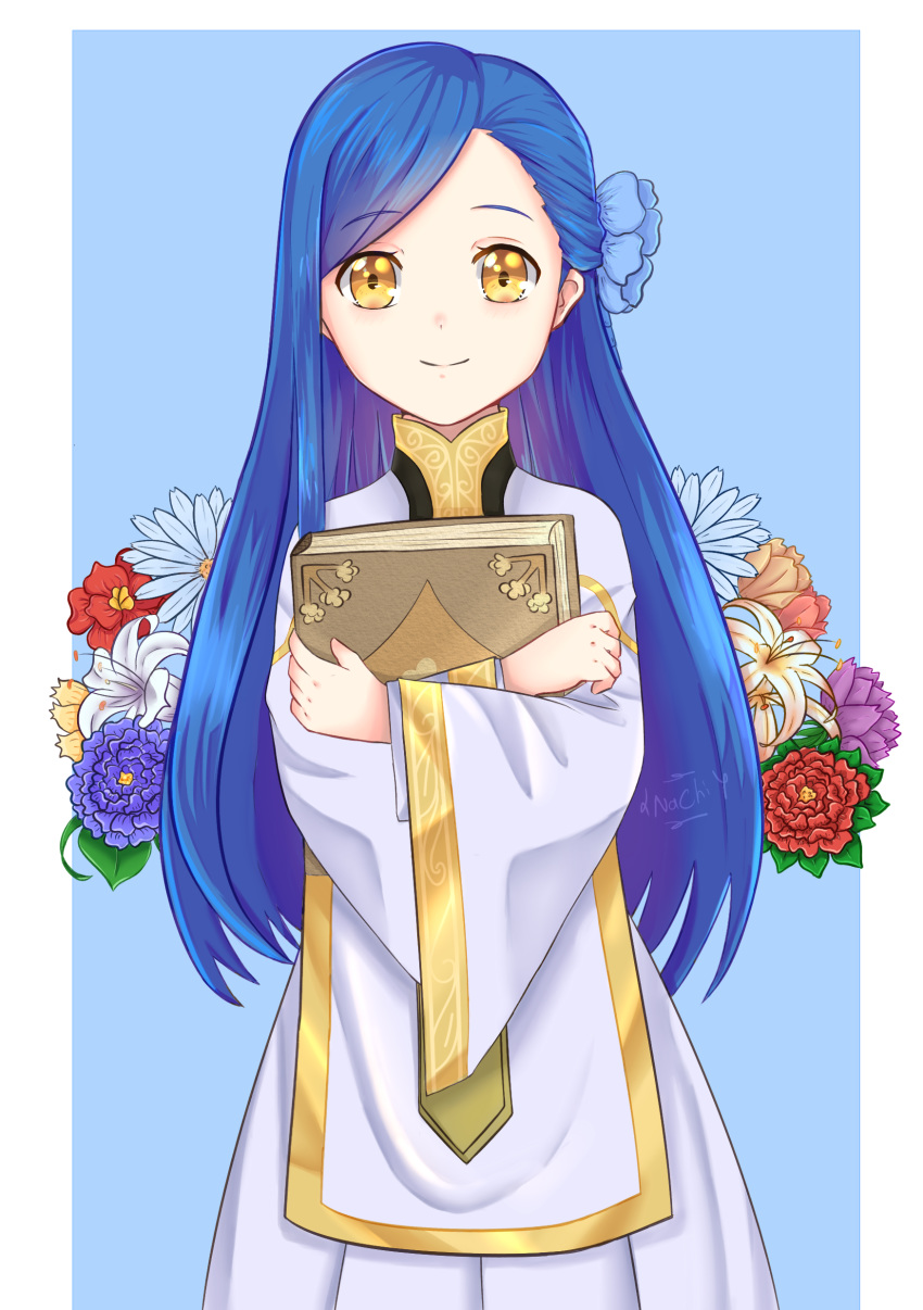 1girl absurdres blue_background blue_hair book crossed_arms england flower gold_trim hair_flower hair_ornament highres holding holding_book honzuki_no_gekokujou long_hair looking_at_viewer maine_(honzuki_no_gekokujou) nana_ichi robe simple_background smile standing white_robe wide_sleeves yellow_eyes