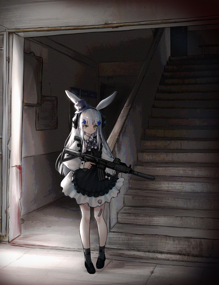apron assault_rifle bare_legs bench black_apron black_footwear black_hairband black_legwear black_ribbon bow bowtie checkered checkered_bow closed_mouth commentary_request cross_hair_ornament door dress expressionless facial_mark facial_tattoo floor foregrip frilled_dress frills girls_frontline green_eyes gun h&amp;k_hk416 hair_ornament hair_ribbon hairband hat highres hk416_(girls_frontline) holding holding_weapon indoors long_sleeves looking_at_viewer neck_ribbon pleated_dress purple_bow purple_headwear reflex_sight ribbon rifle riinougat scope shoes silver_hair socks stairs stairwell standing suppressor tattoo teardrop teardrop_tattoo tile_floor tiles two-tone_bow waist_apron wall weapon white_bow white_dress younger