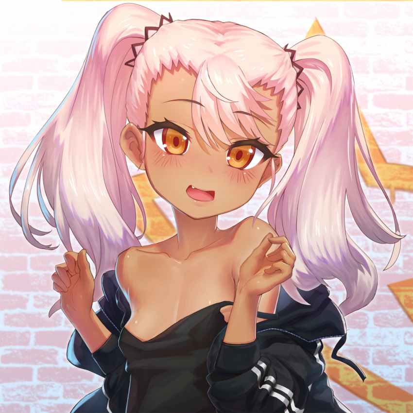 1girl bangs bare_shoulders black_camisole black_jacket blush breasts camisole carbon12th chloe_von_einzbern collarbone dark_skin fate/kaleid_liner_prisma_illya fate_(series) highres jacket long_hair long_sleeves looking_at_viewer open_clothes open_jacket open_mouth orange_eyes pink_hair small_breasts smile thighs twintails