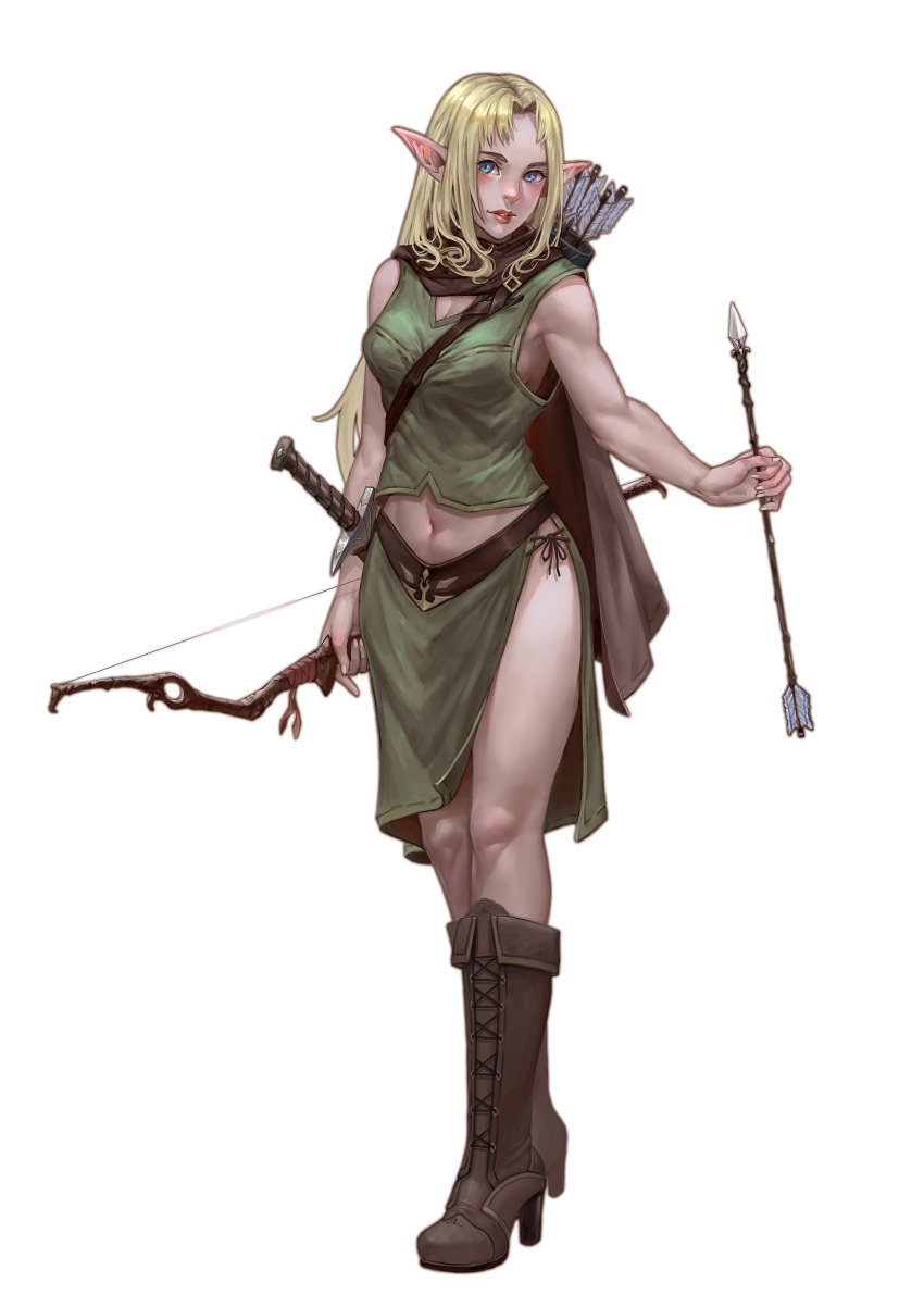 1girl absurdres arrow_(projectile) blonde_hair blue_eyes boots bow_(weapon) breasts brown_cape brown_footwear cape cross-laced_footwear elf full_body glint green_shirt highres holding holding_bow_(weapon) holding_weapon knee_boots lipstick long_hair looking_at_viewer makeup navel original pointy_ears quiver sheath sheathed shirt simple_background sleeveless solo standing sword thigh-highs very_long_hair weapon white_background xue_qi_ye_(dndtmbdue)