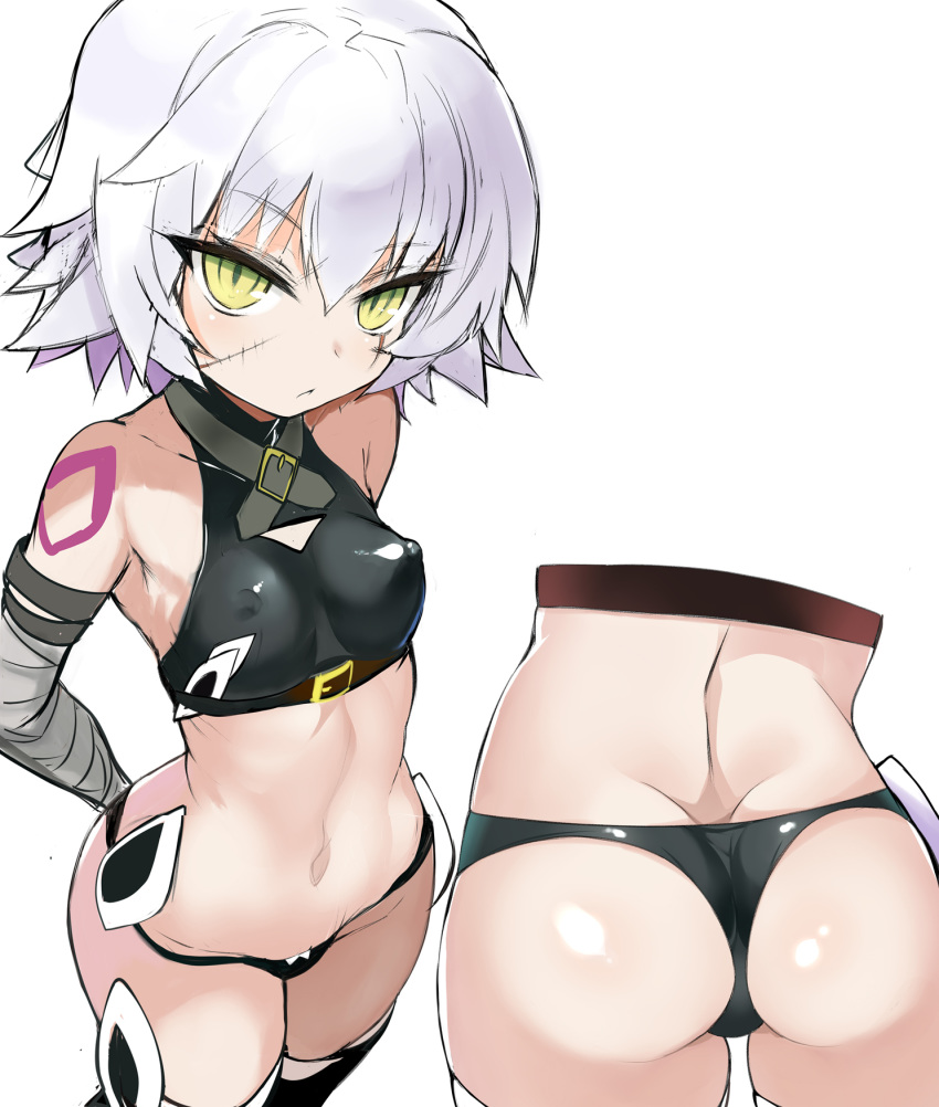 1girl arm_belt arms_behind_back ass back bandaged_arm bandages bangs bare_shoulders black_panties breasts closed_mouth crop_top facial_scar fate/apocrypha fate_(series) green_eyes highres jack_the_ripper_(fate/apocrypha) looking_at_viewer lowleg lowleg_panties multiple_views navel panties scar scar_across_eye scar_on_cheek shimejinameko short_hair shoulder_tattoo simple_background slit_pupils small_breasts tattoo thighs underwear white_background white_hair