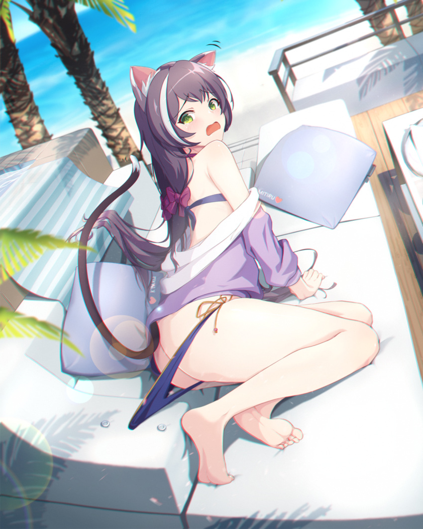 1girl animal_ear_fluff animal_ears ass barefoot beach bikini black_bikini black_hair cat_ears cat_girl cat_tail couch feet green_eyes highres karyl_(princess_connect!) long_hair looking_at_viewer looking_back low_twintails multicolored_hair ocean princess_connect! princess_connect!_re:dive shiina_michiru streaked_hair swimsuit tail thighs twintails white_hair