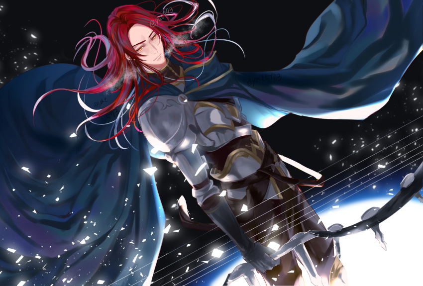 1boy armor bishounen black_gloves bow_(weapon) cloak failnaught_(fate) fate/grand_order fate_(series) fur_trim gloves harp holding holding_weapon instrument knight long_hair long_sleeves looking_at_viewer male_focus open_eyes redhead solo standing tristan_(fate/grand_order) twitter_username weapon white_cloak yat573 yellow_eyes