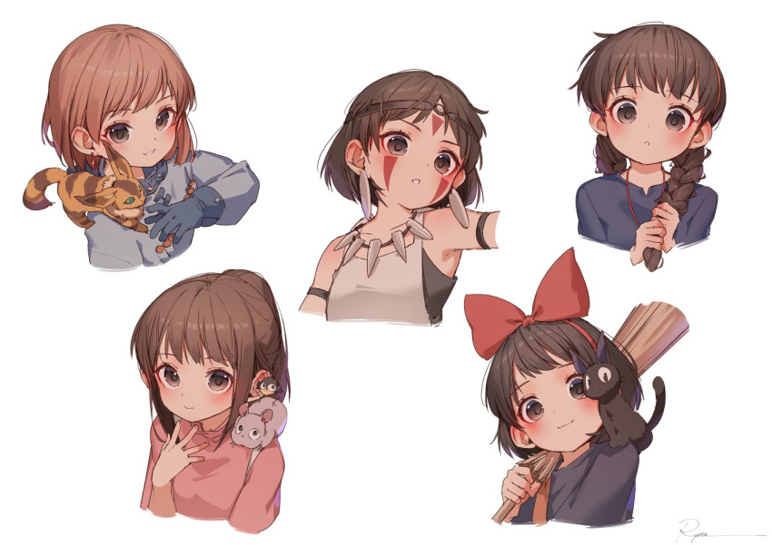 5girls :o animal animal_on_shoulder bangs bare_shoulders black_cat black_eyes blue_shirt blush bow braid broom brown_eyes brown_hair cat character_request closed_mouth copyright_request cropped_torso earrings facepaint facial_mark finger_to_mouth gloves hair_bow hair_ribbon hairband jewelry jiji_(majo_no_takkyuubin) kiki long_sleeves looking_at_viewer majo_no_takkyuubin medium_hair mononoke_hime multiple_girls necklace open_mouth parted_lips red_bow ribbon ryota_(ry_o_ta) shirt short_hair sidelocks signature simple_background sleeveless studio_ghibli tooth_necklace twin_braids white_background