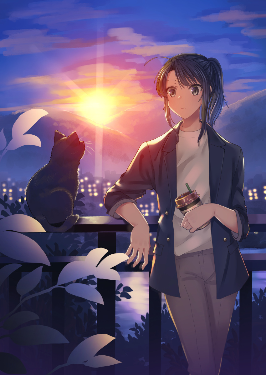 1girl absurdres black_cat black_hair borrowed_character brown_pants cat cup disposable_cup drinking_straw fence highres holding holding_cup leaning_on_rail looking_at_viewer original outdoors pants ponytail shirt sidelocks solo twilight white_shirt z_hiiragi