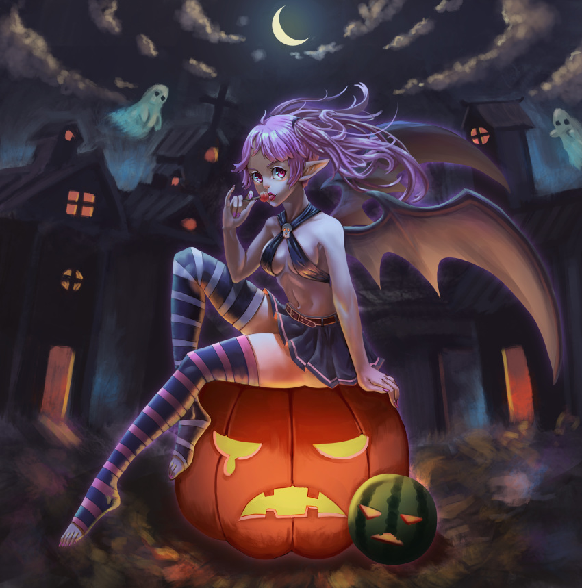 1girl absurdres bangs bare_arms bare_shoulders belt breasts brown_belt candy crescent_moon demon_girl demon_wings floating_hair food fruit ghost hair_tie highres holding holding_candy holding_food holding_lollipop house jack-o'-lantern lollipop long_hair looking_at_viewer medium_breasts melon moon navel night original outdoors pink_nails pointy_ears pumpkin sitting skirt skull smile solo stomach striped striped_legwear thigh-highs toeless_legwear wings xue_qi_ye_(dndtmbdue)