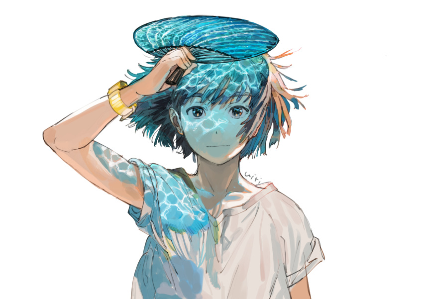 1girl arm_up brown_hair caustics fan floating_hair looking_at_viewer original shirt short_hair short_sleeves signature simple_background smile solo ukumo_uichi upper_body watch watch white_background white_shirt