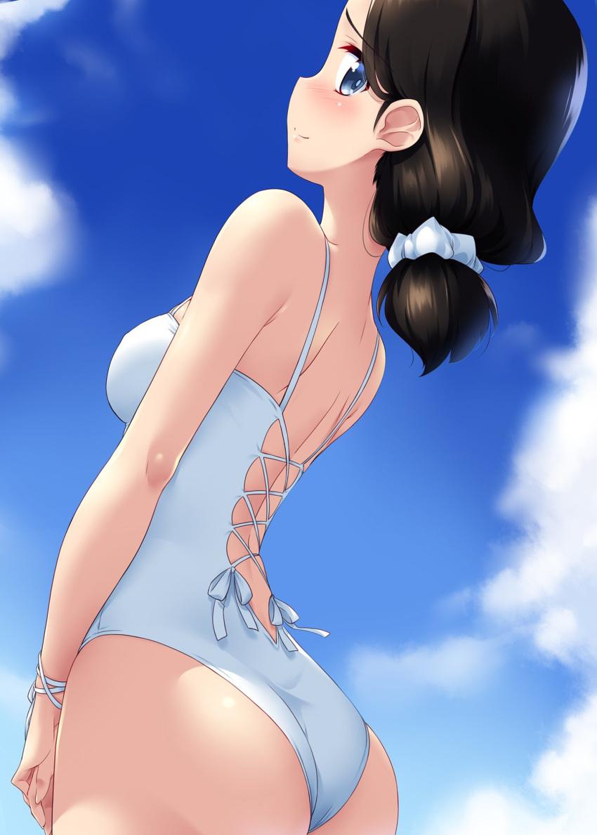1girl ass black_hair blue_eyes blush breasts closed_mouth clouds cloudy_sky from_behind girls_und_panzer hamada_(girls_und_panzer) highres kuzuryuu_kennosuke large_breasts looking_at_viewer looking_back outdoors shiny shiny_hair shiny_skin short_hair shoulder_blades sky smile solo swimsuit swimwear white_swimsuit