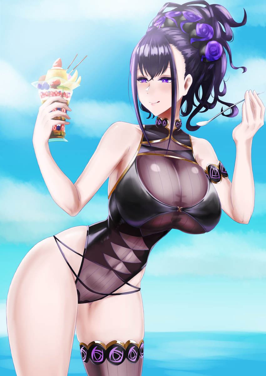 1girl absurdres armlet artist_request bangs bare_shoulders black_swimsuit blue_sky blush breasts covered_navel fate/grand_order fate_(series) flower hair_flower hair_ornament hair_up highleg highleg_swimsuit highres large_breasts licking_lips long_hair murasaki_shikibu_(fate) murasaki_shikibu_(swimsuit_rider)_(fate) ocean one-piece_swimsuit parfait purple_hair single_thighhigh sky smile spoon swimsuit thigh-highs thighs tied_hair tongue tongue_out violet_eyes