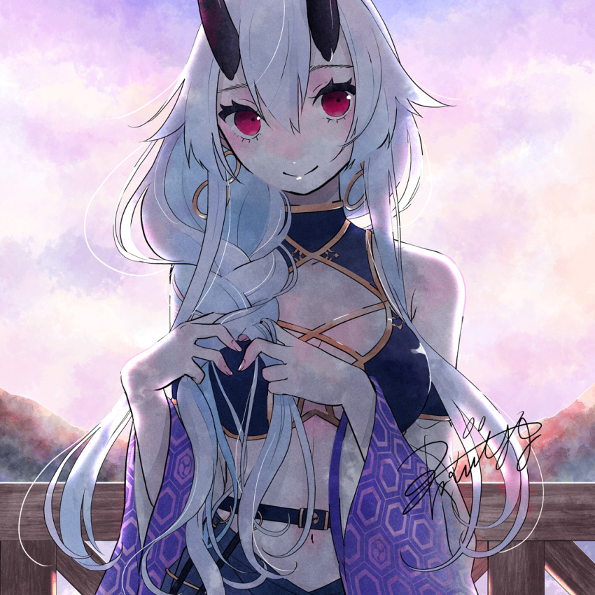 1girl 7meill alternate_hairstyle bikini black_horns blush braid braiding_hair breasts clouds commentary_request detached_sleeves earrings fate/grand_order fate_(series) hair_between_eyes hair_over_shoulder hairdressing hoop_earrings horns jewelry large_breasts long_hair looking_at_viewer oni_horns purple_bikini red_eyes signature silver_hair single_braid smile solo sunset swimsuit tomoe_gozen_(fate/grand_order) tomoe_gozen_(swimsuit_saber)_(fate) upper_body very_long_hair wide_sleeves