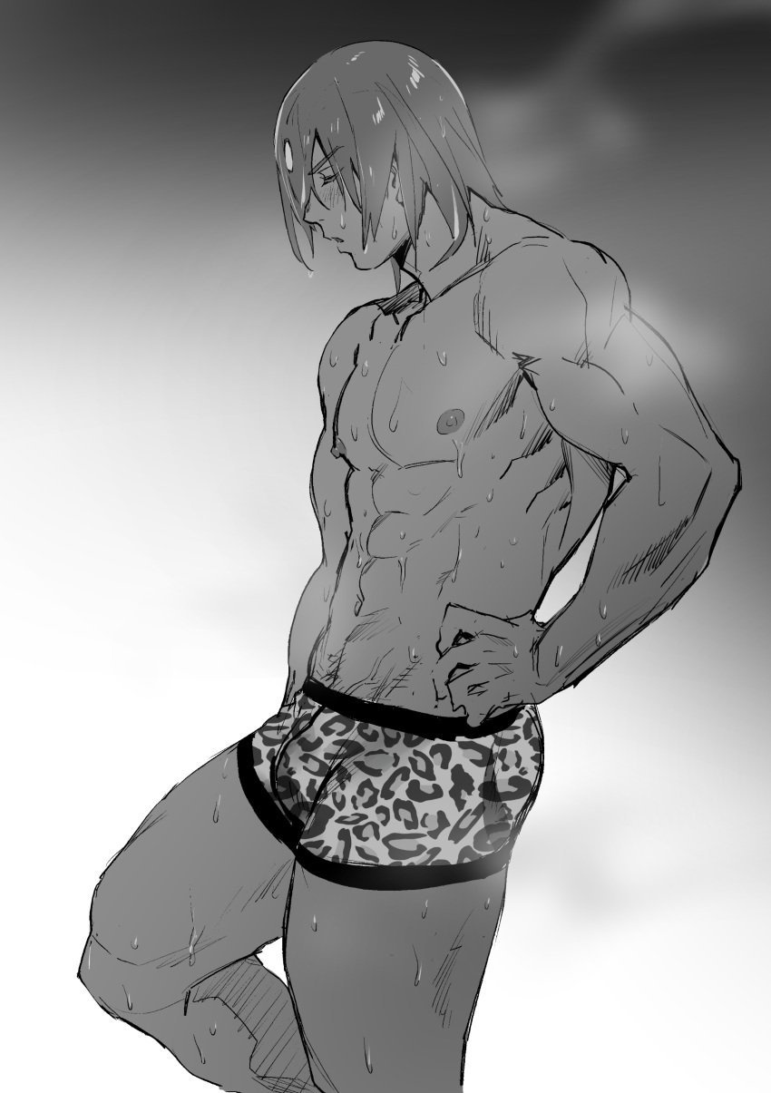 1boy abs absurdres animal_print ashwatthama_(fate/grand_order) bara boxer_briefs chest cowboy_shot dark_skin dark_skinned_male fate/grand_order fate_(series) gradient gradient_background greyscale haiki_(tegusu) hand_on_hip highres leopard_print male_focus male_underwear monochrome nipples simple_background solo steam sweat tired toned toned_male underwear underwear_only