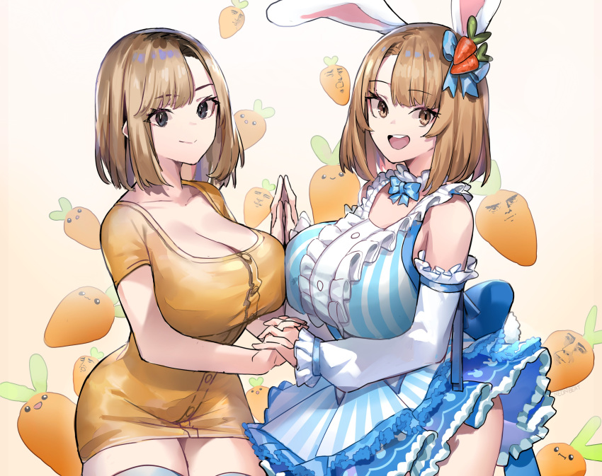 2girls :3 :d :o absurdres animal_ears black_eyes blue_bow blue_dress bow breast_press breasts brown_eyes brown_hair bunny_ayumi bunny_ayumi_(vtuber) carrot detached_sleeves dress dual_persona eyebrows eyebrows_visible_through_hair food hair_bow highres large_breasts long_shirt medium_hair multiple_girls neonbeat open_mouth orange_shirt polar_opposites rabbit_ears real_life shirt smile striped striped_dress symmetrical_docking