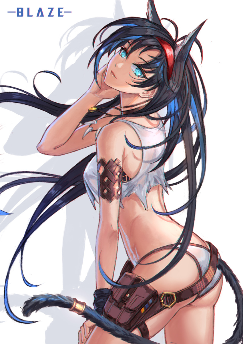 1girl animal_ears arknights ass bangs belt bikini bikini_bottom black_gloves black_hair blaze_(arknights) blue_eyes breasts brilliant_naraku brown_belt cat_ears cat_tail character_name chinese_commentary commentary_request cowboy_shot crop_top drop_shadow gloves hairband hand_up head_tilt highres jewelry long_hair looking_at_viewer medium_breasts midriff necklace partial_commentary pouch red_hairband single_glove smile solo standing swimsuit tail tank_top thighs very_long_hair white_background white_tank_top