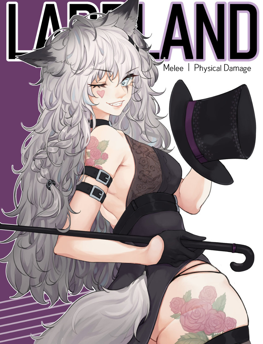 1girl alternate_costume animal_ears arknights arm_strap ass bangs bare_arms bare_shoulders black_choker black_dress black_gloves blue_eyes breasts cane character_name choker commentary_request cowboy_shot dress eyebrows_visible_through_hair facial_tattoo from_side gloves grin hair_between_eyes hat heart heart_tattoo highres holding holding_cane holding_clothes holding_hat lappland_(arknights) long_hair looking_at_viewer medium_breasts one_eye_closed purple_background shoulder_tattoo silver_hair smile solo tail tattoo top_hat two-tone_background white_background wolf_ears wolf_tail ya_kexi