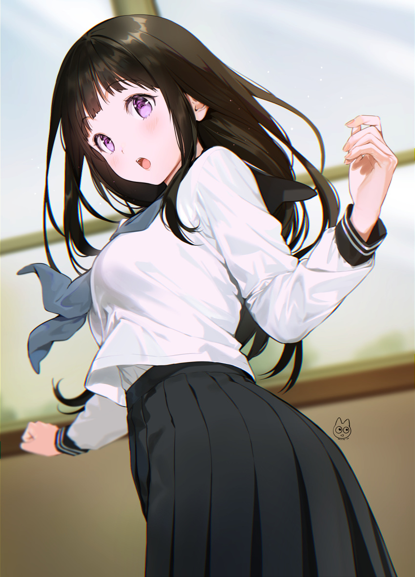 1girl :o arm_up bangs black_hair black_skirt blue_neckwear blush breasts chitanda_eru commentary_request cowboy_shot day from_side highres hyouka indoors kamiyama_high_school_uniform long_hair long_sleeves looking_at_viewer mery_(yangmalgage) neckerchief neckwear open_mouth pleated_skirt sailor_collar school_uniform serafuku shirt sidelocks signature skirt sky solo standing surprised teeth upper_body violet_eyes white_shirt window