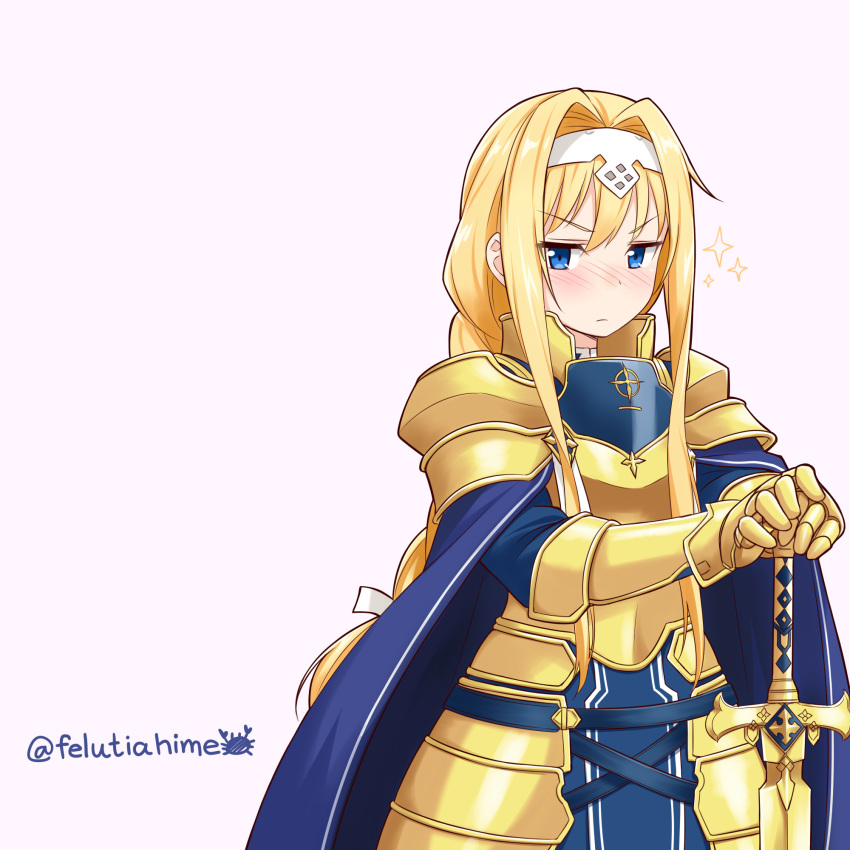 1girl alice_schuberg angry armor bangs blonde_hair blue_cape blue_eyes blush braid breastplate cape commentary_request eyebrows_visible_through_hair felutiahime frown gauntlets gold_armor hair_intakes hairband highres holding long_hair long_sleeves looking_at_viewer ribbon shoulder_armor simple_background solo sparkle sword sword_art_online twitter_username v-shaped_eyebrows very_long_hair weapon white_hairband white_ribbon