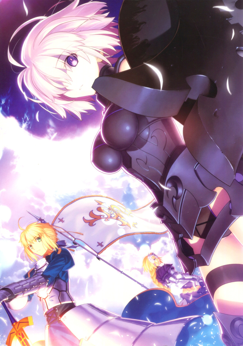 3girls absurdres ahoge armor armored_dress artoria_pendragon_(all) bangs blonde_hair blue_sky bow braid breasts closed_mouth clouds cloudy_sky excalibur eyebrows_visible_through_hair fate/apocrypha fate/grand_order fate_(series) flag flagpole gauntlets green_eyes headpiece highres jeanne_d'arc_(fate) jeanne_d'arc_(fate)_(all) leotard long_hair long_sleeves looking_at_viewer looking_back mash_kyrielight medium_breasts multiple_girls outdoors parted_bangs parted_lips petals pink_hair puffy_sleeves saber scan serious shield short_hair single_braid sky sword takeuchi_takashi thigh_strap tied_hair violet_eyes weapon