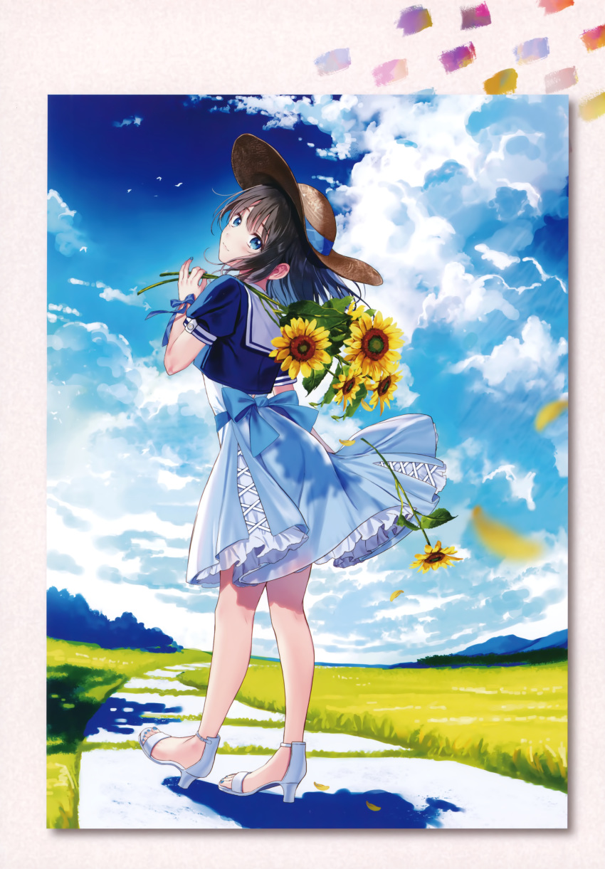 1girl absurdres bangs black_hair blue_dress blue_eyes blue_sky bow closed_mouth clouds cloudy_sky cropped_jacket day dress fingernails flower full_body hanekoto hat high_heels highres holding lips looking_at_viewer looking_back open_toe_shoes original outdoors petals ribbon sailor_collar scan short_dress short_sleeves sky solo standing sunflower toes white_footwear wrist_ribbon