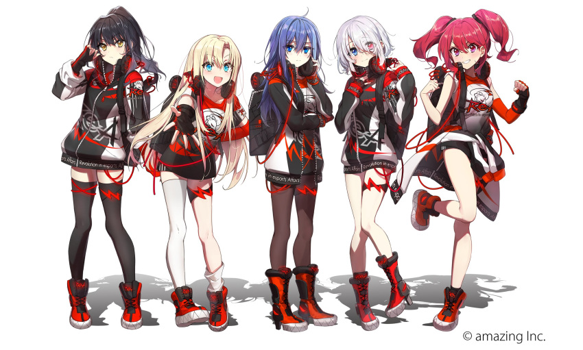 5girls ahoge arm_at_side arm_under_breasts asymmetrical_legwear backpack bag bangs bare_shoulders black_bag black_gloves black_hair black_jacket black_legwear blonde_hair blue_eyes boots breasts brown_eyes character_request clenched_hands closed_mouth clothes_around_waist collarbone commentary_request cross-laced_footwear eyebrows_visible_through_hair eyes_visible_through_hair fingerless_gloves foot_up full_body gloves hair_between_eyes hair_ornament hair_over_one_eye hair_ribbon hand_on_hip hand_on_own_chest hands_up headphones headphones_around_neck heterochromia highres jacket jacket_around_waist lace-up_boots leg_up long_hair long_sleeves looking_at_viewer medium_breasts mouse_print multicolored multicolored_clothes multicolored_footwear multicolored_hoodie multicolored_jacket multicolored_shirt multiple_girls open_clothes open_jacket open_mouth outstretched_arm outstretched_hand pantyhose pink_eyes ponytail rea_official red_eyes red_footwear red_gloves redhead ribbon shoes short_hair short_sleeves shorts silver_hair single_glove single_thighhigh sleeves_past_wrists smile socks thigh-highs toes_up twintails wattaro white_legwear zettai_ryouiki
