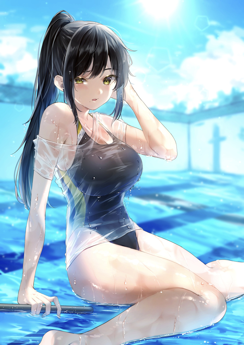 1girl absurdres bare_legs bare_shoulders black_hair blush breasts competition_swimsuit hand_behind_head harui_(hr_x9_) highres holding large_breasts looking_at_viewer mole mole_on_breast mole_under_mouth off-shoulder_shirt off_shoulder one-piece_swimsuit original ponytail pool see-through shiny shiny_skin shirt sitting solo sunlight swimsuit swimsuit_under_clothes thighs two-tone_swimsuit wet wet_clothes wet_hair wet_shirt yellow_eyes