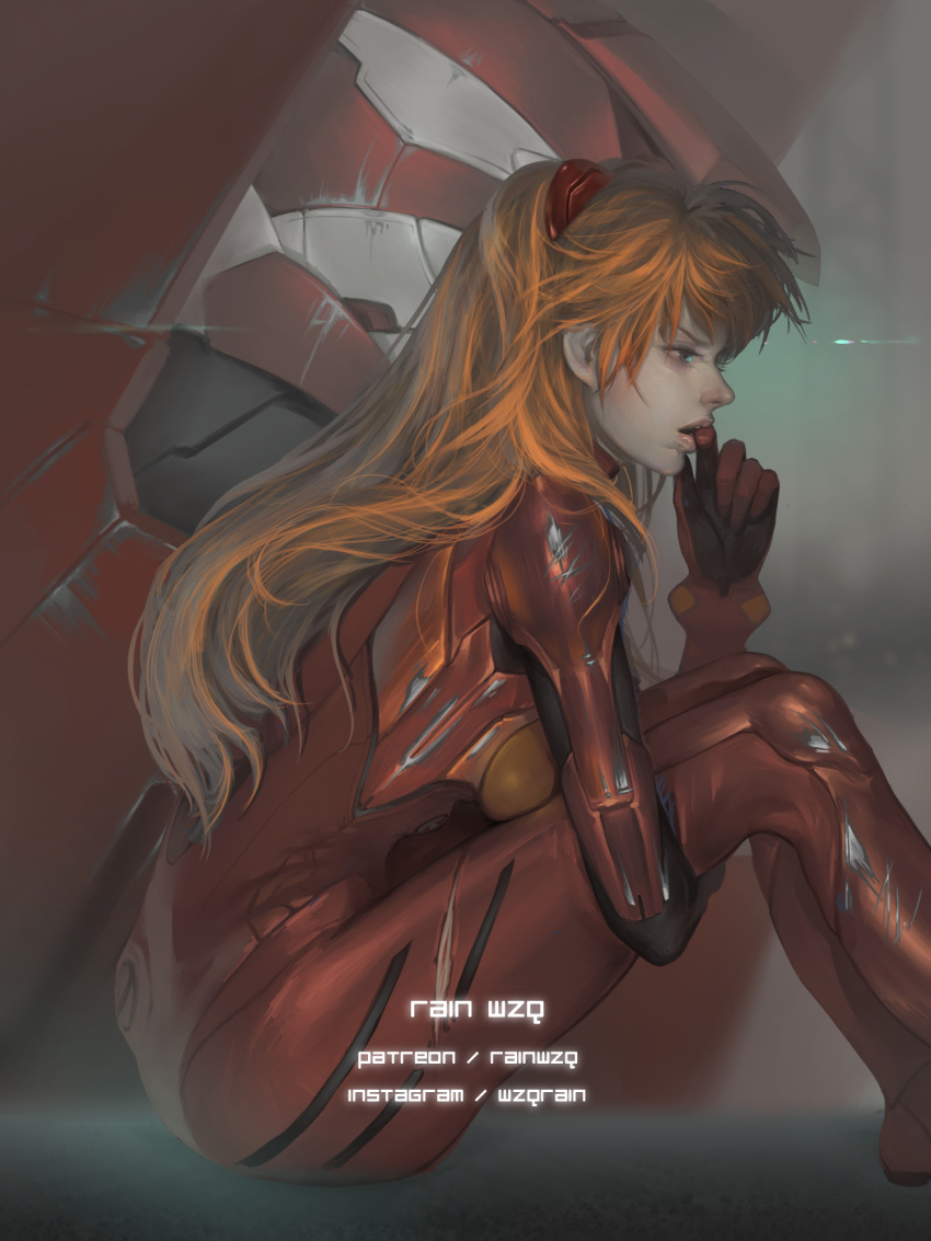 biting bodysuit breasts clip_studio_paint_(medium) commentary damaged dirty english_commentary eva_02 finger_biting gloves hangar headgear highres lips long_hair mecha neon_genesis_evangelion orange_hair ponytail rain_wzq realistic science_fiction signature sitting souryuu_asuka_langley thinking worried