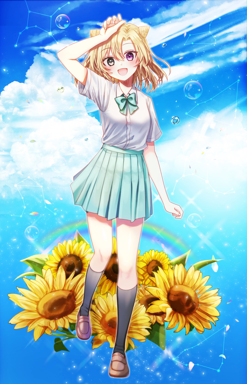 1girl 723/nanahumi :d absurdres arm_up bangs black_legwear blonde_hair blue_sky bow breasts brown_footwear bubble clouds cloudy_sky collared_shirt commentary_request constellation day dress_shirt eyebrows_visible_through_hair flower full_body green_bow green_skirt grey_eyes hair_between_eyes heterochromia highres kneehighs loafers looking_at_viewer open_mouth original outdoors pleated_skirt rainbow shirt shoes short_sleeves skirt sky small_breasts smile solo standing summer sunflower violet_eyes white_shirt yellow_flower