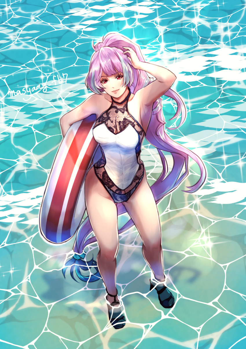 1girl breasts hand_in_hair high_heels highres innertube light_smile long_hair looking_up macross macross_delta medium_breasts mikumo_guynemer purple_hair red_eyes ryu_(masu_nantoka-san) solo swimsuit very_long_hair water