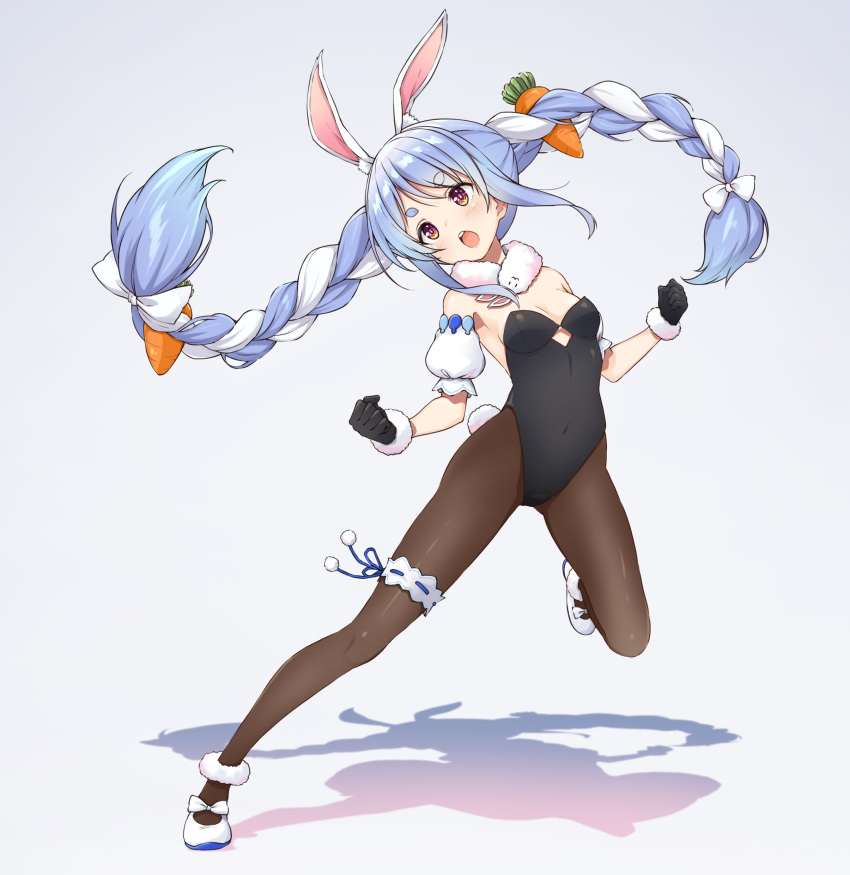 1girl absurdres animal_ear_fluff animal_ears asanaya bangs bare_shoulders black_gloves black_leotard blue_hair blush bow braid breasts brown_legwear bunny_girl bunny_tail bunnysuit carrot_hair_ornament covered_navel detached_sleeves don-chan_(hololive) eyebrows_visible_through_hair floating_hair food_themed_hair_ornament full_body fur-trimmed_gloves fur_trim gloves gradient gradient_background grey_background hair_bow hair_ornament highres hololive leotard long_hair multicolored_hair open_mouth puffy_short_sleeves puffy_sleeves rabbit_ears red_eyes shadow shoes short_eyebrows short_sleeves small_breasts standing standing_on_one_leg strapless strapless_leotard tail thick_eyebrows twin_braids twintails two-tone_hair upper_teeth usada_pekora very_long_hair white_bow white_footwear white_hair white_sleeves