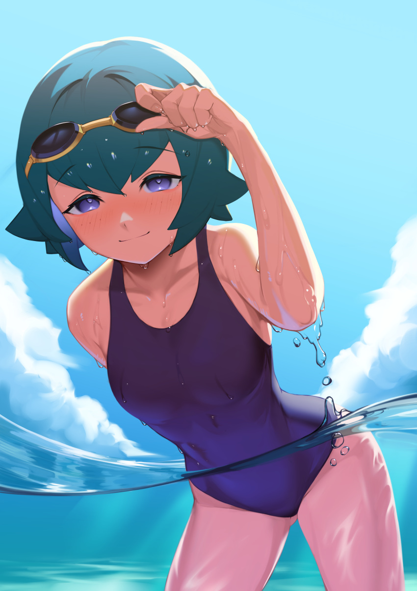 1girl absurdres aqua_hair bangs blush closed_mouth clouds collarbone commentary_request day eyebrows_visible_through_hair freckles goggles goggles_on_head hand_on_goggles highres komadera looking_at_viewer one-piece_swimsuit outdoors pokemon pokemon_(game) pokemon_sm purple_swimsuit short_hair sky smile solo suiren_(pokemon) swimsuit violet_eyes wading water water_drop