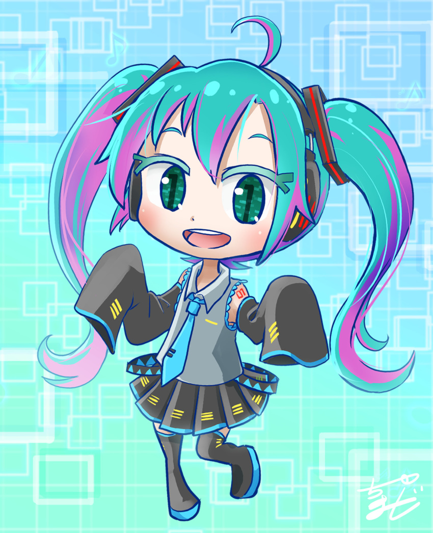 1girl aqua_eyes aqua_hair aqua_neckwear black_legwear boots chamaji chibi commentary detached_sleeves gradient gradient_background hatsune_miku headphones headset highres long_hair looking_at_viewer necktie number_tattoo open_mouth signature skirt sleeves_past_fingers sleeves_past_wrists smile solo spring_onion symbol-shaped_pupils tattoo thigh-highs thigh_boots twintails very_long_hair vocaloid wide_sleeves zettai_ryouiki