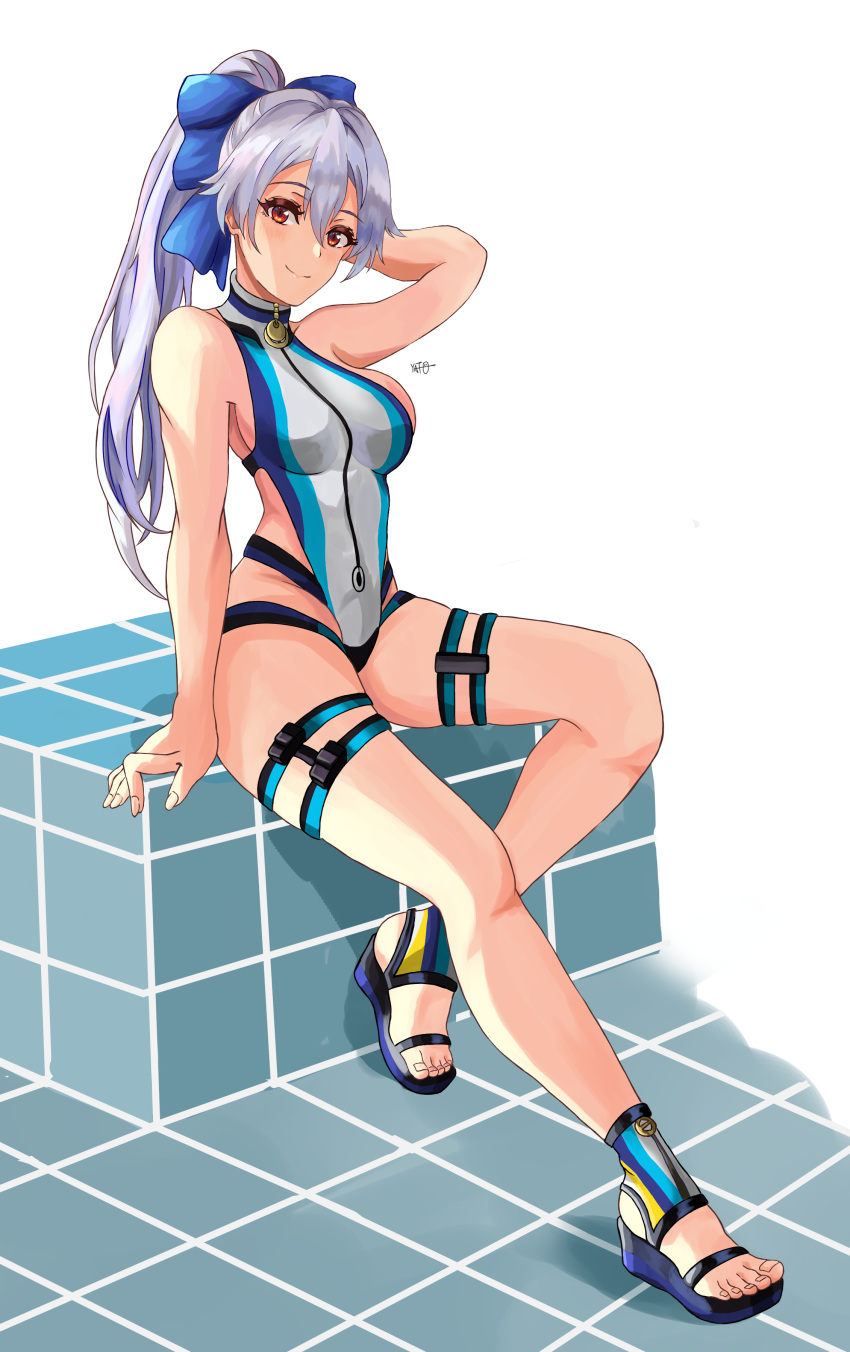 1girl absurdres arm_up bangs blue_bow blue_swimsuit blush bow breasts closed_mouth fate/grand_order fate_(series) hair_between_eyes hair_bow highleg highleg_swimsuit highres large_breasts legs long_hair looking_at_viewer one-piece_swimsuit ponytail red_eyes sandals silver_hair smile swimsuit thigh_strap thighs tomoe_gozen_(fate/grand_order) tomoe_gozen_(swimsuit_saber)_(fate) two-tone_swimsuit white_swimsuit yato_(yama0x1)