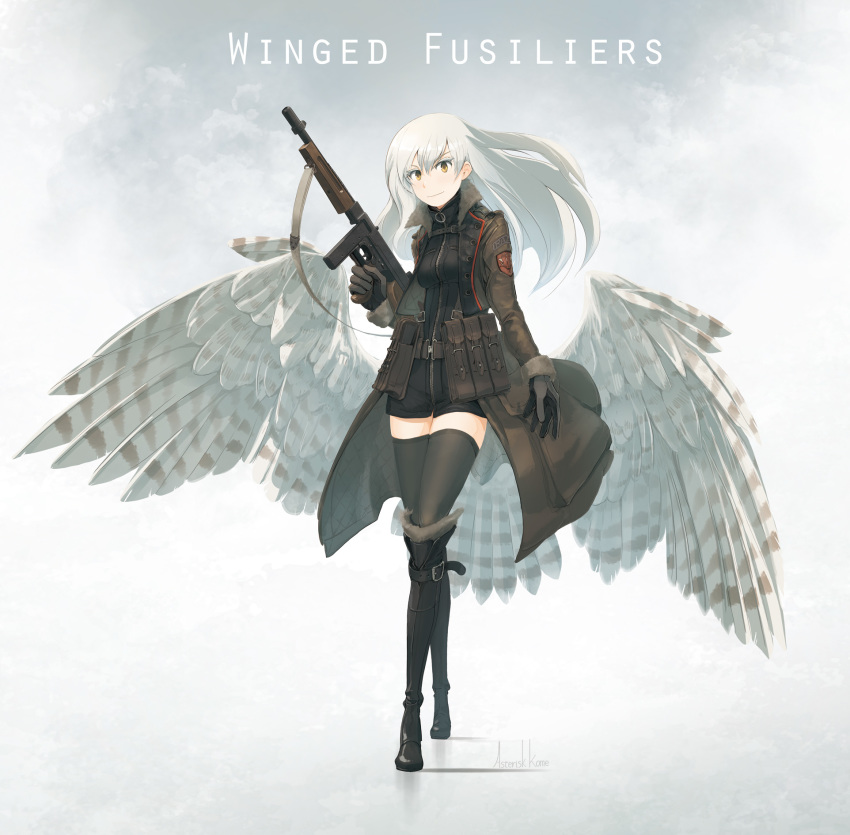 1girl artist_name asterisk_kome bangs belt bird_wings black_footwear black_jumpsuit black_legwear boots brown_coat closed_mouth coat commentary copyright_name emblem gun highres holding holding_gun holding_weapon knee_boots long_hair looking_at_viewer low_wings open_clothes open_coat pouch short_jumpsuit signature silver_hair smile solo spread_wings standing submachine_gun thigh-highs thompson_submachine_gun utility_belt weapon white_wings wind winged_fusiliers wings yellow_eyes zipper