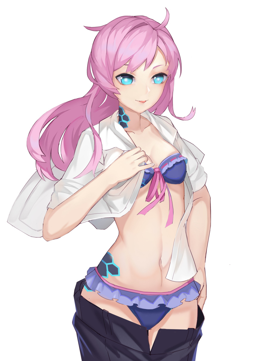 1girl :p absurdres arknights bikini black_shorts blue_bikini blue_eyes blue_poison_(arknights) breasts collarbone frilled_bikini frills highres jinjide_shaonian long_hair looking_at_viewer navel open_clothes open_shirt pink_hair shirt shorts shorts_pull simple_background small_breasts solo swimsuit tongue tongue_out white_background white_shirt