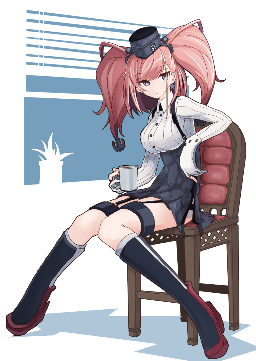 1girl anchor_hair_ornament atlanta_(kantai_collection) black_footwear black_headwear black_skirt boots boushi-ya breasts brown_hair chair cup dress_shirt earrings full_body garrison_cap garter_straps gloves grey_eyes hair_ornament hat high-waist_skirt highres jewelry kantai_collection large_breasts long_hair long_sleeves partly_fingerless_gloves rudder_footwear shirt sitting skirt solo star_(symbol) star_earrings suspender_skirt suspenders thigh_strap two_side_up white_gloves white_shirt