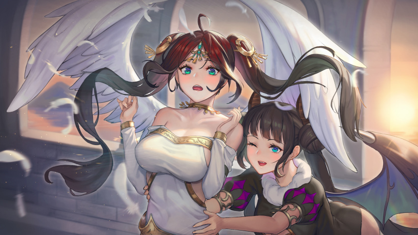 2girls ahoge angel angel_wings aqua_eyes bangs bare_shoulders black_hair blue_eyes blush breasts circlet collarbone detached_sleeves double_bun dress eyebrows_visible_through_hair feathered_wings feathers gradient_hair hair_ornament highres jewelry large_breasts long_hair looking_at_viewer moonandmist multicolored_hair multiple_girls necklace open_mouth original redhead sidelocks smile twintails very_long_hair white_dress wings