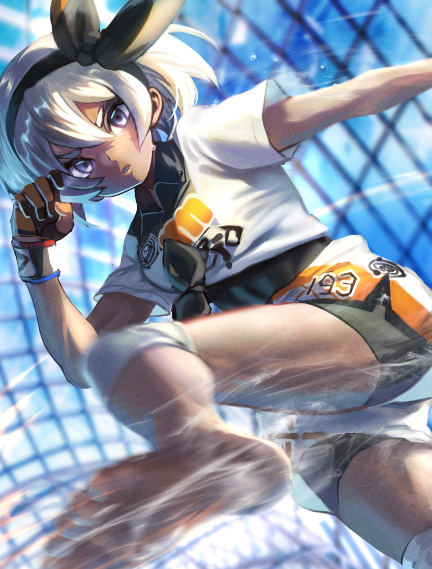 1girl absurdres bangs barefoot black_bodysuit black_hairband bodysuit bodysuit_under_clothes collared_shirt commentary_request dynamax_band gloves grey_eyes grey_hair gym_leader hair_between_eyes hairband highres knee_pads looking_at_viewer pokemon pokemon_(game) pokemon_swsh print_shirt print_shorts saitou_(pokemon) shirt short_sleeves shorts sirakusa soles solo tied_shirt toes