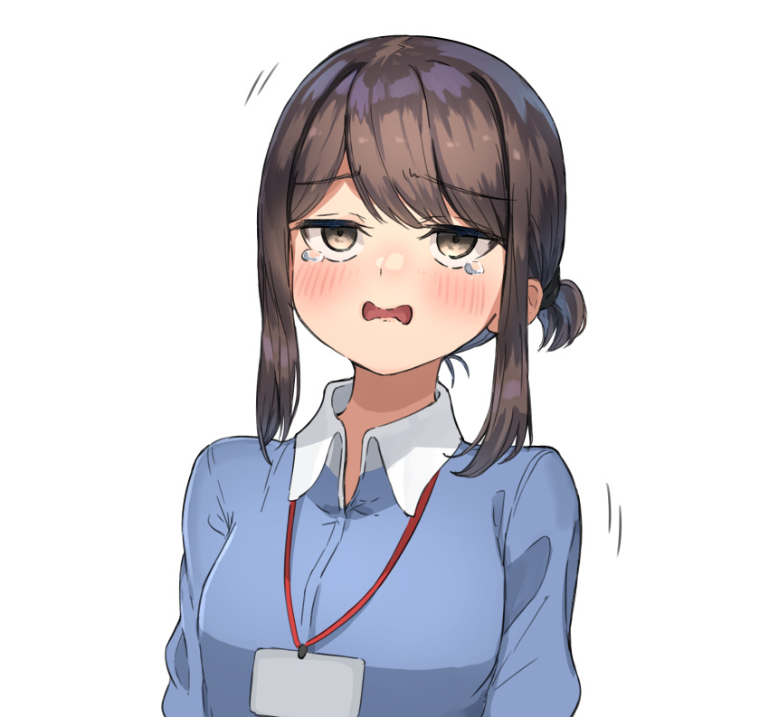 1girl bangs blue_shirt blush borrowed_character brown_eyes brown_hair collared_shirt commentary_request crying dress_shirt eyebrows_visible_through_hair ganbare_douki-chan highres id_card long_sleeves looking_up office_lady office_lady_(yomu_(sgt_epper)) ranf shirt sidelocks simple_background solo tears tied_hair upper_body white_background