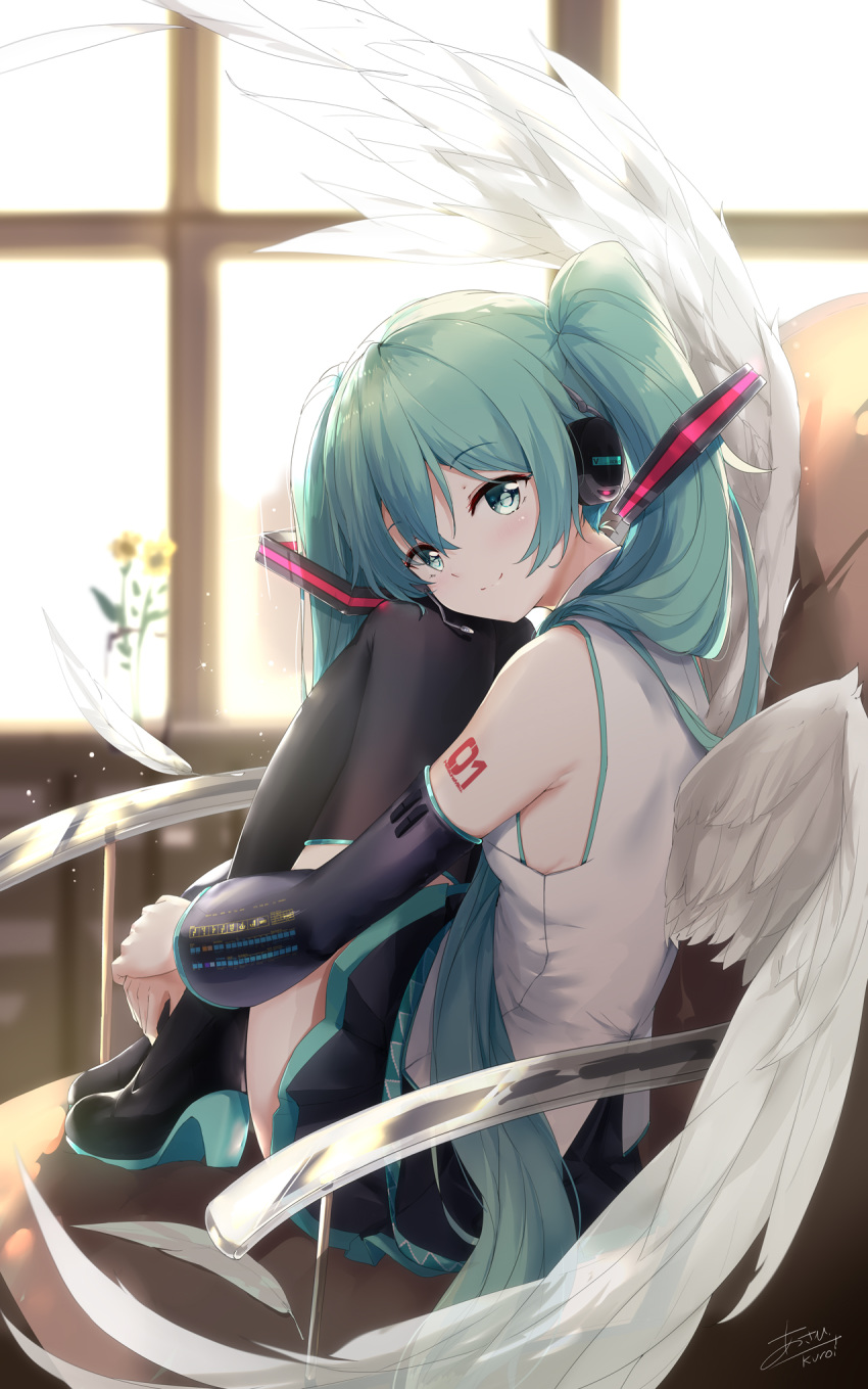 1girl backlighting black_footwear black_skirt black_sleeves blush chair commentary feathered_wings feathers flower from_side green_hair hatsune_miku headset high_heels highres indoors k.syo.e+ leg_hug long_hair looking_at_viewer number_tattoo pleated_skirt shirt shoulder_tattoo skirt sleeveless sleeveless_shirt smile solo tattoo thigh-highs twintails very_long_hair vocaloid white_shirt window wings