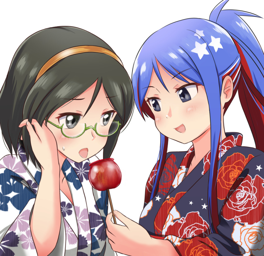 2girls alternate_costume bangs black_eyes black_hair blue_hair blush candy_apple eyebrows_visible_through_hair floral_print food glasses green-framed_eyewear hairband holding japanese_clothes kantai_collection kimono kirishima_(kantai_collection) long_hair multiple_girls open_mouth ponytail redhead short_hair sidelocks simple_background south_dakota_(kantai_collection) star_(symbol) sweat tongue tongue_out tsukemon upper_body white_background white_hair yukata