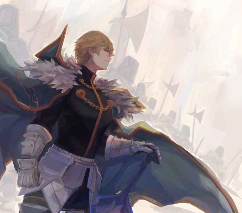 1boy 5others armor black_gloves blonde_hair blue_cape blue_eyes cape collared_cape crowd excalibur_galatine fate/extra fate/grand_order fate_(series) fur_collar gauntlets gawain_(fate/extra) gloves highres holding holding_sword holding_weapon knight knights_of_the_round_table_(fate) long_sleeves looking_to_the_side male_focus multiple_others short_hair solo_focus sword taitaip weapon