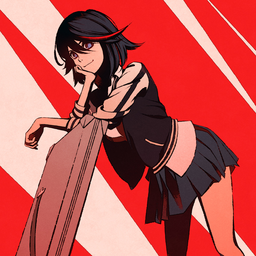 1girl bent_over black_hair blue_eyes blue_skirt case hand_on_own_cheek kill_la_kill looking_at_viewer matoi_ryuuko moshimoshibe short_hair skirt solo