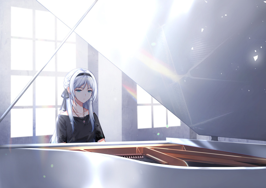 1girl absurdres alternate_costume an-94_(girls_frontline) bangs black_dress blue_eyes breasts closed_mouth collarbone dress girls_frontline hair_ribbon hairband han_a_o3o highres indoors instrument jewelry long_hair necklace off-shoulder_dress off_shoulder pendant piano ribbon sidelocks silver_hair sitting small_breasts