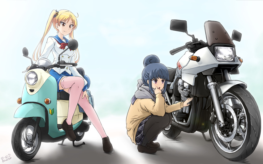 2girls artist_name bakuon!! bangs bell black_legwear blonde_hair blouse blue_hair blue_sailor_collar blue_skirt bow bowtie brown_footwear cardigan closed_mouth commentary_request crossover diesel-turbo double-breasted foot_up grey_scarf ground_vehicle hair_bell hair_bun hair_ornament hand_on_own_knee hand_to_own_mouth highres loafers logo long_hair looking_at_another miniskirt motor_vehicle motorcycle multiple_girls namesake pantyhose partial_commentary plaid plaid_skirt pleated_skirt red_neckwear sailor_collar scarf school_uniform scooter seiyuu_connection serafuku shadow shima_rin shoes short_hair shoshinsha_mark sidelocks signature single_horizontal_stripe sitting skirt smile squatting suzuki_(company) suzunoki_rin thigh-highs twintails twitter_username vespa violet_eyes white_blouse white_legwear yellow_cardigan yurucamp