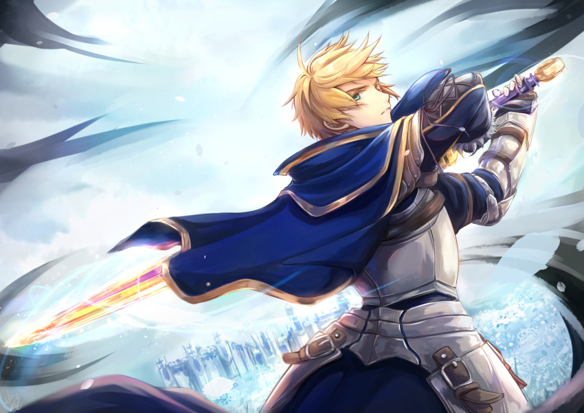 1boy armor armored_dress arthur_pendragon_(fate) blonde_hair blue_cape blue_dress breastplate cape dress excalibur excalibur_(fate/prototype) fate/grand_order fate/prototype fate_(series) faulds gauntlets glowing glowing_sword glowing_weapon greaves green_eyes hair_between_eyes highres holding holding_sword holding_weapon looking_at_viewer male_focus p7arctic pauldrons short_hair shoulder_armor solo sword weapon
