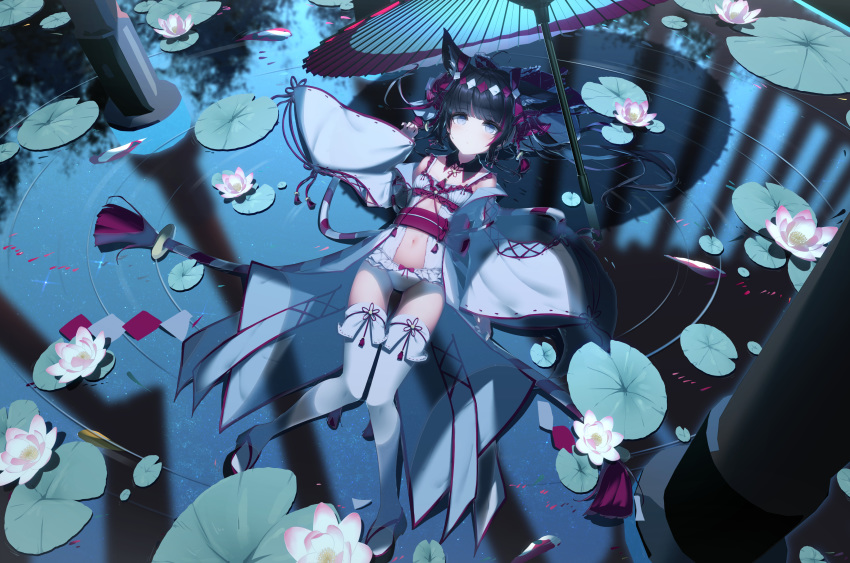 1girl absurdres animal_ear_fluff animal_ears black_hair blue_eyes cat_ears center_opening expressionless full_body highres japanese_clothes kimono knees_together_feet_apart long_hair lying miko nta_(drapa_box10) obi on_back one-piece_swimsuit open_clothes open_kimono original partially_submerged ponytail sandals sash solo swimsuit swimsuit_under_clothes thigh-highs thigh_gap umbrella water white_kimono white_legwear white_swimsuit