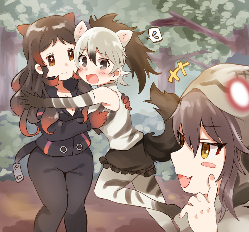 +++ 3girls aardwolf_(kemono_friends) aardwolf_ears aardwolf_print aardwolf_tail animal_ears arm_around_back bare_shoulders black_hair black_shorts blush_stickers brown_eyes closed_mouth collared_jacket commission day elbow_gloves extra_ears eyebrows_visible_through_hair fake_tail fang finger_to_cheek flying_sweatdrops frilled_shorts frills furrowed_eyebrows gloves grey_eyes grey_hair habu_(kemono_friends) hair_between_eyes hand_on_another's_back hand_up hands_up high_collar high_ponytail highres hippopotamus_(kemono_friends) hippopotamus_ears hood hood_up hug index_finger_raised jacket kemono_friends legwear_under_shorts long_hair long_sleeves looking_at_another multicolored_hair multiple_girls open_mouth orange_eyes outdoors outstretched_arm pants pantyhose print_gloves print_legwear print_shirt redhead running scared shirt shorts sidelocks sleeveless sleeveless_shirt smile spoken_sweatdrop standing suicchonsuisui sweatdrop tail tsurime two-tone_hair zipper_pull_tab