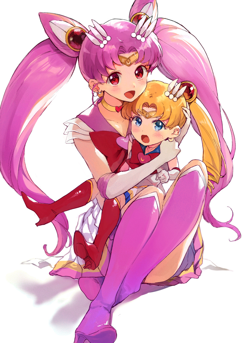 2girls absurdres age_regression aki_(mare_desiderii) bishoujo_senshi_sailor_moon blonde_hair blush boots chibi_usa double_bun elbow_gloves full_body gloves hair_ornament highres long_hair looking_at_viewer multiple_girls older open_mouth pink_footwear pink_hair pleated_skirt red_eyes red_footwear sailor_chibi_moon sailor_moon simple_background sitting sitting_on_lap sitting_on_person skirt super_sailor_chibi_moon super_sailor_moon tsukino_usagi twintails white_background younger